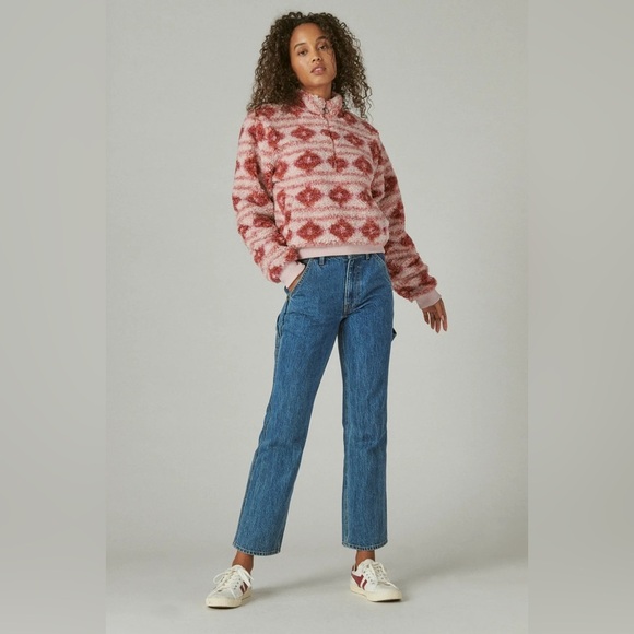 Lucky Brand Hi Pile Half Zip Pullover Pink Aztec Medium - Picture 2 of 8